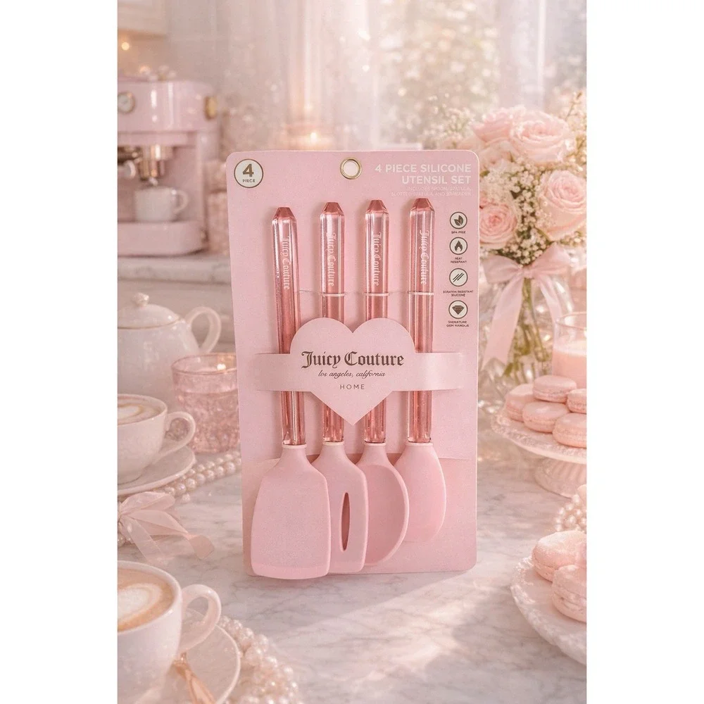 Juicy Couture Pink Silicone Kitchen Utensil Set 4pc Gem Handle Spatula Spoon New